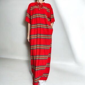Vintage 70s Clovis Ruffin Caftan Maxi Dress Terry Knit Stripe, Saks Fifth Avenue
